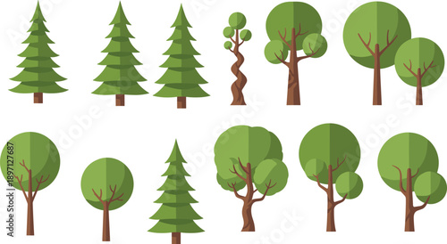 Tree collection flat vector set forest pine oak nature plants cartoon isolated greenery woodland design elements eco environment illustration bundle