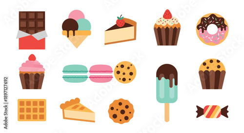 Assorted dessert icons on white