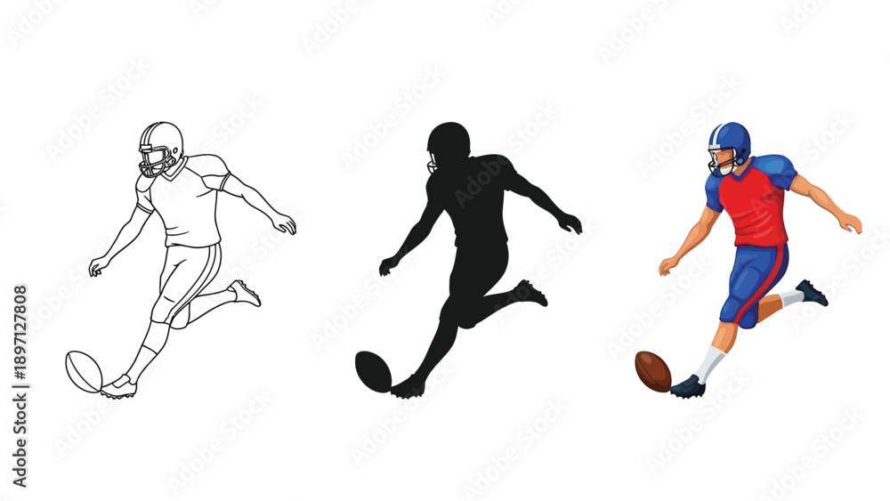 Fototapeta premium Football player kicking ball in three styles outline sketch, silhouette, and full color illustration