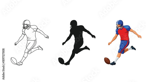 Football player kicking ball in three styles outline sketch, silhouette, and full color illustration