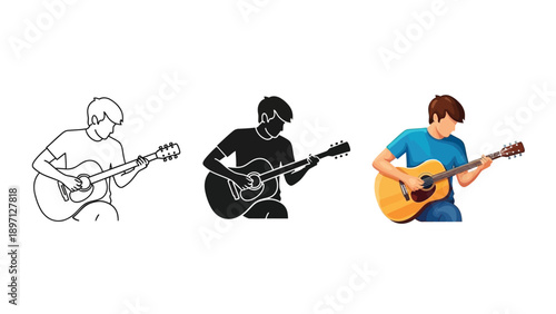 Three styles of a young man playing an acoustic guitar line art, silhouette, and full color illustration