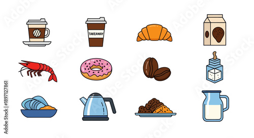 Assorted food and drink icons on white