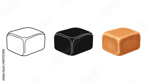 Set of three caramel candy icons outline, solid black silhouette, and realistic colored illustration