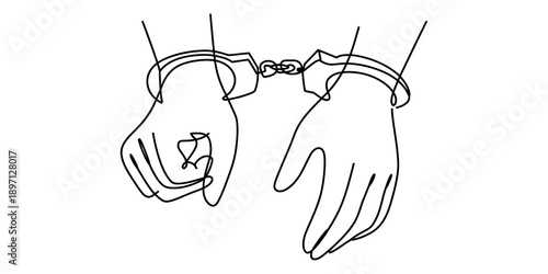 Continuous line drawing of hands in handcuffs illustrating arrest and constraint Vector, illustration