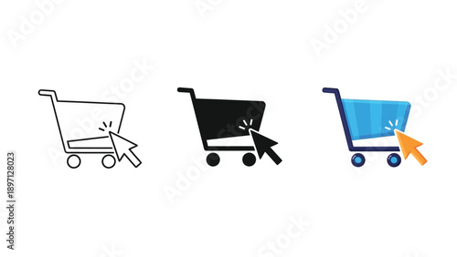 Set of three shopping cart icons with a cursor clicking them outline, solid black, and blue filled versions, representing online shopping and ecommerce actions