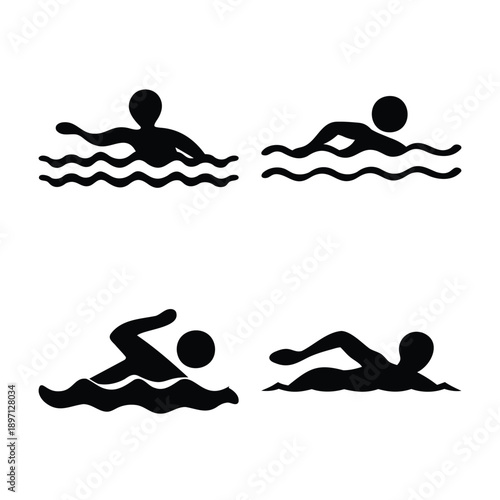 Collection of swimming icons depicting various strokes and water activities