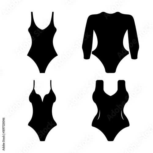Collection of various women's one-piece swimsuits and bodysuits in black silhouette