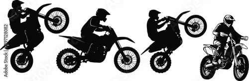 Motocross dirt bike rider silhouettes vector illustration extreme sport motorcycle jump racing offroad action stunt black white collection set design
