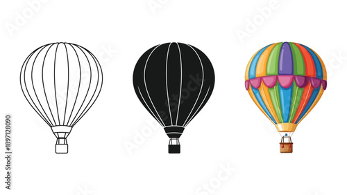 Hot air balloon icons set outline, silhouette, and colorful illustration vector graphics