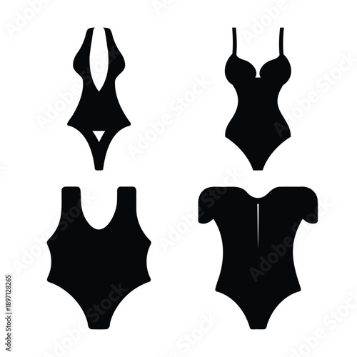 Collection of diverse one-piece swimwear and bodysuit silhouettes showcasing various styles