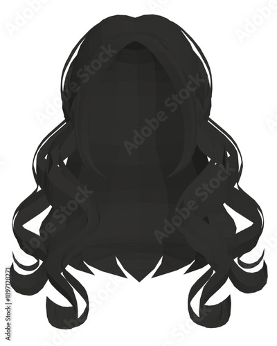 A woman's elegant silhouette features long, wavy hair cascading down her back in a polygonal hairstyle.
