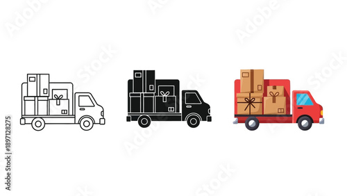 Three styles of delivery truck loaded with cardboard boxes outline, solid silhouette, and color illustration