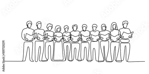 Continuous line art drawing of a diverse choir group singing together Vector, illustration