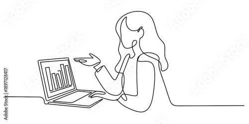 Continuous line drawing of a businessperson presenting data on a laptop screen Vector, illustration