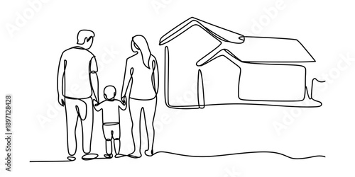 One continuous line drawing of a family standing next to their dream home Vector, illustration