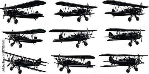 Vintage biplane aircraft silhouettes collection retro aviation set isolated white background classic propeller planes side views black illustration transportation history pilot wings nostalgic design