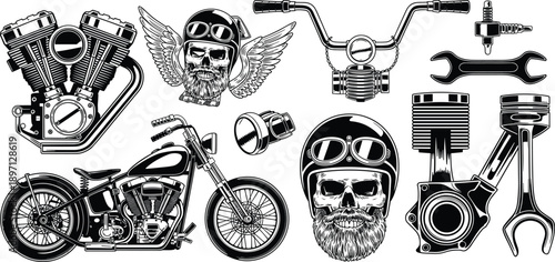 Vintage motorcycle skull mechanic tools vector illustration biker engine chopper parts garage emblem black white design collection set bundle