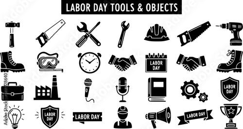 Labor Day Tools and Objects - Black and White Vector Icons for Construction and Work