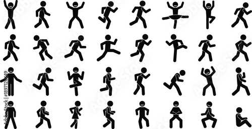 Set of black stick figure people icons showing running jumping dancing exercising walking poses isolated on white background collection of silhouettes motion actions