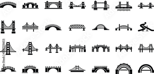 Collection of bridge icons in flat and outline styles showing arch, suspension, and modern bridges for architecture, transportation, infrastructure, and urban design concepts