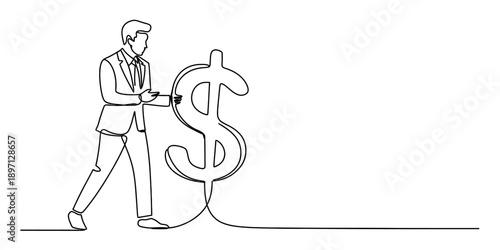 One line drawing of a businessman in a suit standing next to a big dollar sign Vector, illustration