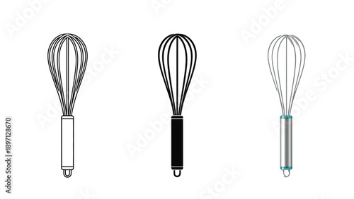 Set of three whisk icons outline, solid black, and color outline for cooking and baking