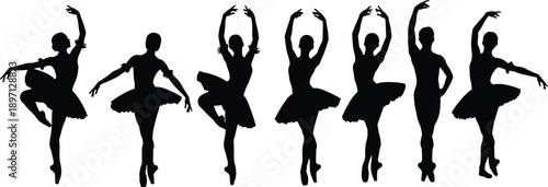 Silhouettes of Ballet Dancers Performing Classical Poses Showcasing Graceful Movement Elegance and Professional Dance Training Isolated on White Background for Artistic Performance Concept