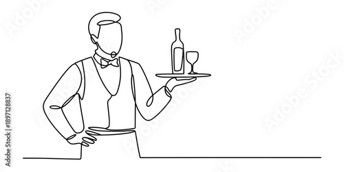 A minimalist continuous line art illustration showing a professional waiter serving wine Vector, illustration