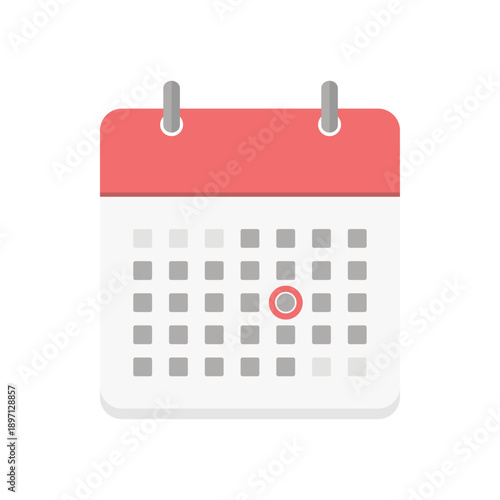 月間カレンダーと赤い丸のマーク付きのシンプルなフラットアイコン - 予定や計画のイメージイラスト素材