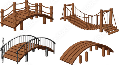 wooden bridge, rope bridge, arch bridge, footbridge, park, garden, pathway, outdoor, crossing, timber, structure, nature, landscape, vector, illustration, designated