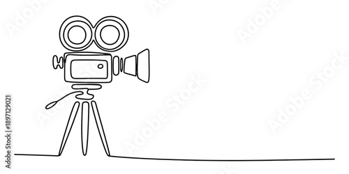 A single line drawing of a retro movie camera on a tripod for film and cinema concepts Vector, illustration