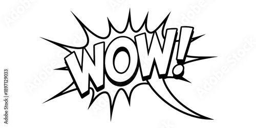 A dynamic black and white comic pop art illustration of the word "wow" in a burst effect Vector, illustration