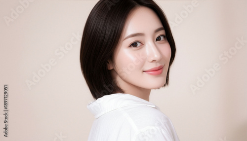 白いシャツを着た振り返る女性、ファッション、清潔感、フレッシュなイメージ、AI生成画像