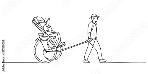 A continuous line art drawing illustrating a man pulling a hand-pulled rickshaw with a passenger Vector, illustration