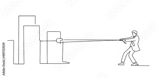 Businessman overcoming challenges and pulling a business graph in continuous line art Vector, illustration