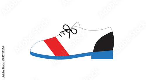 Illustration of a stylish white shoe with red stripe and blue heel on a clean background