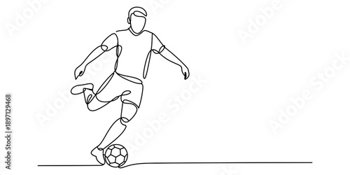 One continuous line drawing of a soccer player in action with a ball on white background Vector, illustration