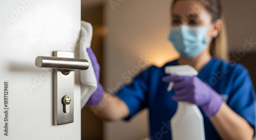 Female hotel housekeeper, cleaning a door handle with white cloth and disinfectant spray, hotel bedroom - professional cleaning service, hospitality, hygiene, cleanliness, sanitization concept