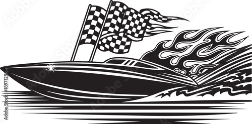 A black and white image of a speedboat, adorned with racing flags and flames, creating a dynamic and exciting visual for speed enthusiasts