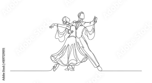 continuous line drawing of an elegant ballroom dancing couple showcasing grace and partnership in a dynamic pose ideal for dance branding.