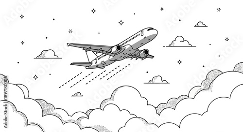 commercial airplane takeoff illustration a passenger jet ascending through the sky with clouds symbolizing global travel and aviation.