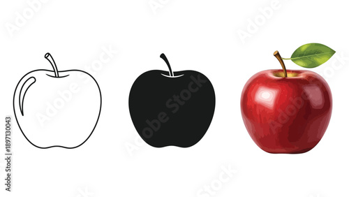 Set of three apples outline drawing, black silhouette, and realistic red apple with green leaf