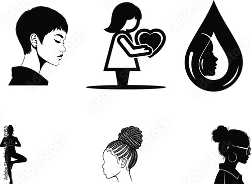 black and white silhouettes of various women and a girl with different hairstyles and poses