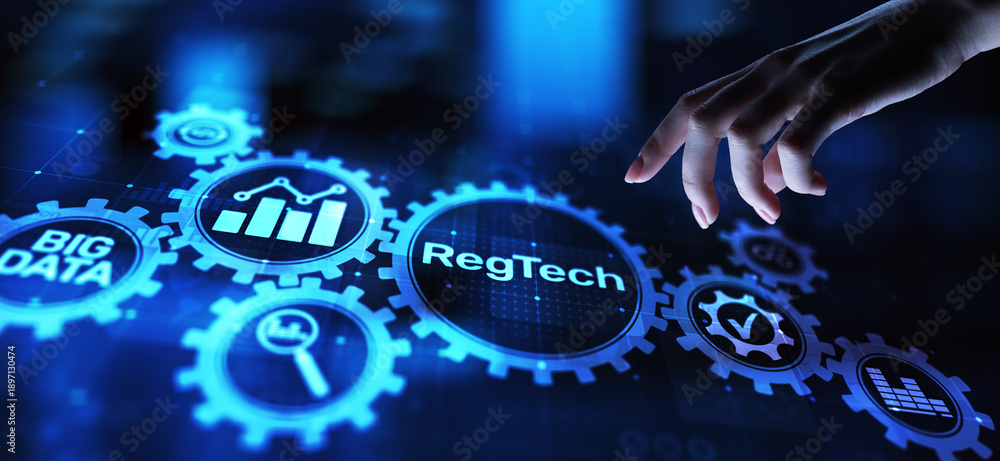 Fototapeta premium RegTech Regulation Compliance financial control modern internet technology concept on virtual screen.