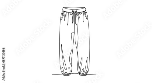 Minimalist line drawing of comfortable drawstring lounge pants isolated on a white background, showcasing relaxed style and simplicity