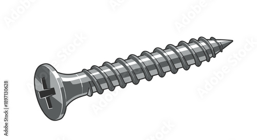 Illustration of a metal drywall screw isolated on a clean white background, showcasing its detailed threads and flat head design