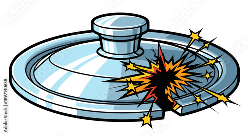 Chipped metal lid isolated on a white background with comic-style explosion effect, showcasing a vibrant and dynamic illustration of damage and impact