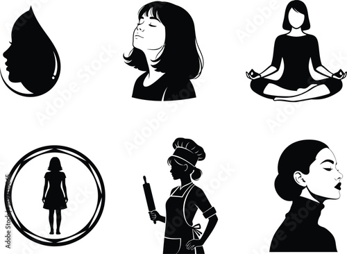 Silhouette of various women in different poses and activities