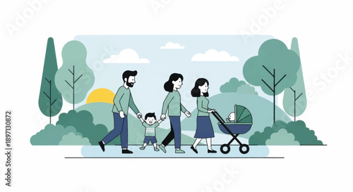 Family Walking Together in a Park Pushing a Stroller.