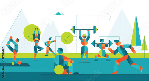 Diverse group of people engaging in various fitness activities outdoors.